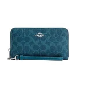 Coach Long Zip Around Wallet Signature Canvas Aquamarine Wristlet NWT